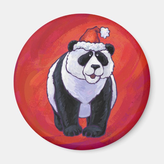 Panda Bear in Weihnachtsmannmütze auf Rot Magnet (Vorne)
