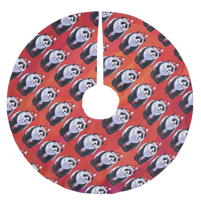 Panda Bear in Weihnachtsmannmütze auf Rot Polyester Weihnachtsbaumdecke (Vorderseite)