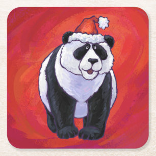 Panda Bear in Weihnachtsmannmütze auf Rot Rechteckiger Pappuntersetzer