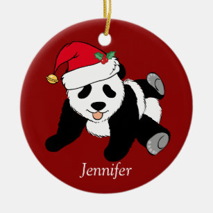 Panda Bear Kids Monogram Red Cute Custom Christmas Keramik Ornament