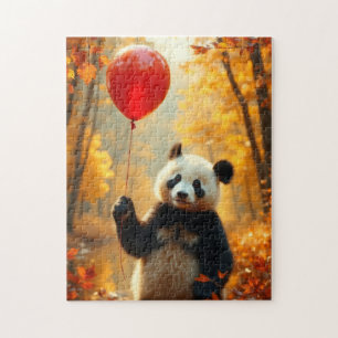 Panda Bear mit rotem Ballon im Herbst