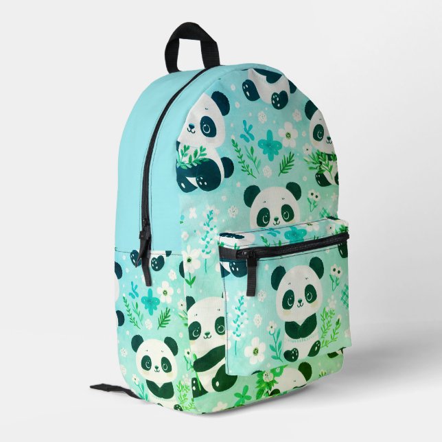 Panda Bear Muster Green Print Bedruckter Rucksack (Rückseitige Ecke links)