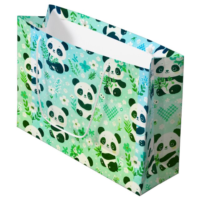 Panda Bear Muster Green Print Große Geschenktüte (Vorderseite Schrägansicht)