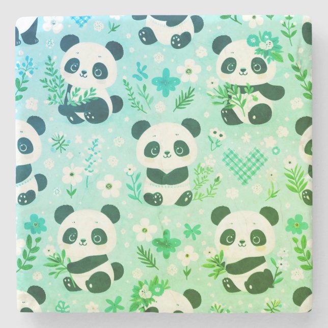Panda Bear Muster Green Print Steinuntersetzer (Vorderseite)