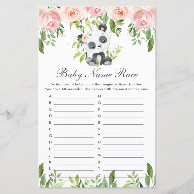 Panda Bear Pink Floral Baby Name Rennen ABC Game (Vorderseite)