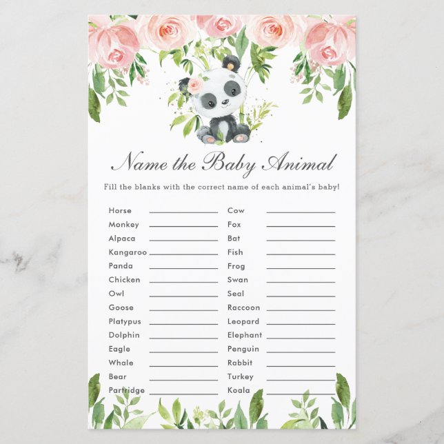 Panda Bear Pink Floral Name Baby Animal Game (Vorderseite)