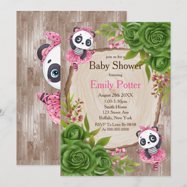 Panda Bear Pink Tutu Wood Baby Dusche Einladungen (Vorne/Hinten)