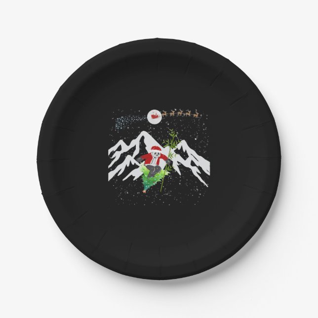 Panda Bear Skifahren Weihnachtsbaum Santa Reindeer Pappteller (Vorderseite)