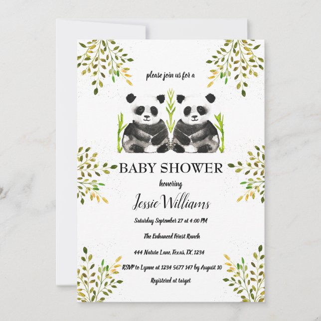 Panda Bear Twins Baby Dusche Grüne Natur Einladung (Vorderseite)