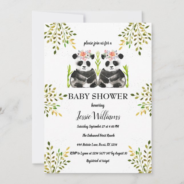 Panda Bear Twins Girl Babydusche Grüne Natur Einladung (Vorderseite)