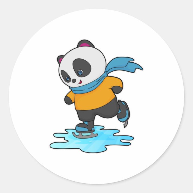 Panda bei Ice Skaten mit Ice Skate & Scarf Runder Aufkleber (Vorderseite)