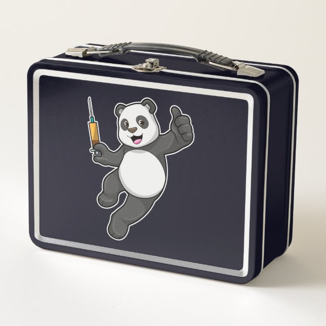 Panda bei Impfung mit Spritze Metall Brotdose (Vorderseite)