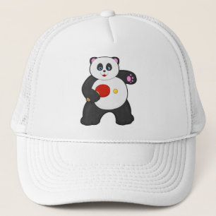 Panda bei Tischtennis mit Tischtennisschläger Truckerkappe