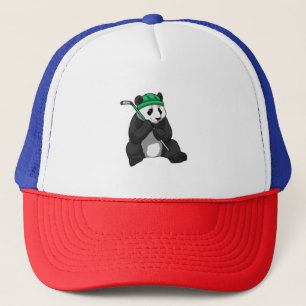 Panda beim Eishockey mit Eishockeyschläger Truckerkappe