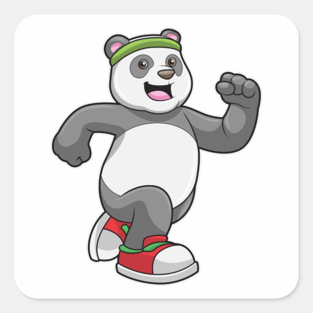 Panda beim Laufen mit Headband Quadratischer Aufkleber (Vorderseite)