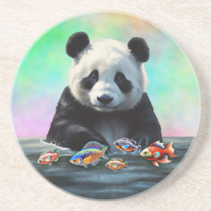 Panda betrachtet farbenfrohe schwimmende Fische Getränkeuntersetzer