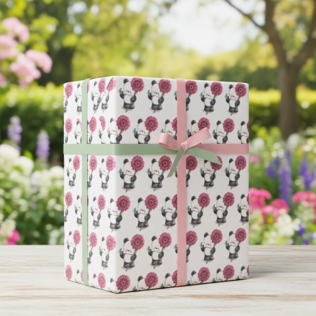 Panda & Blume Wrapping Paper Geschenkpapier Set (Adorable Panda & Flower Wrapping Paper)