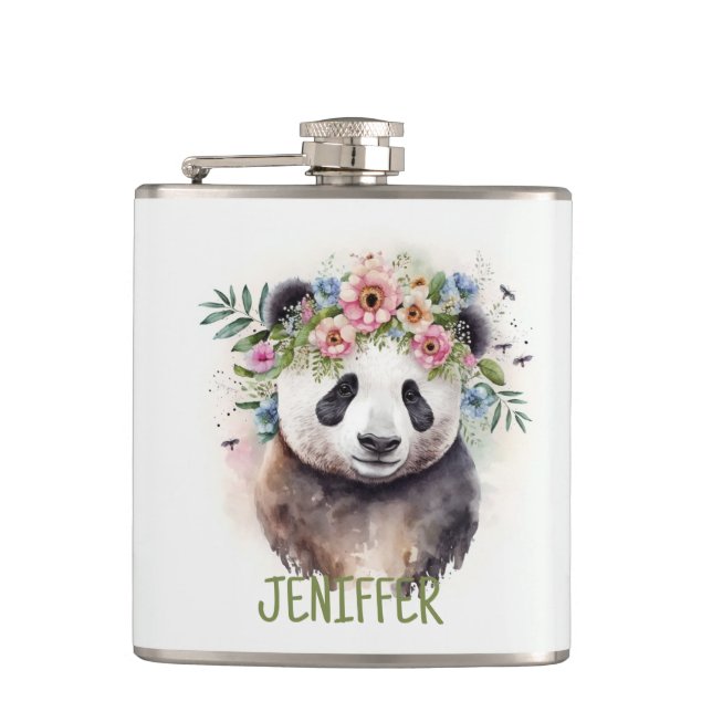 Panda Blumen Aquarell Flachmann (Vorderseite)