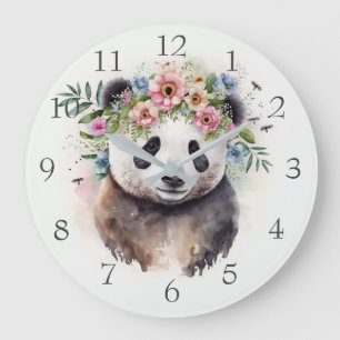 Panda Blumen Aquarell Große Wanduhr