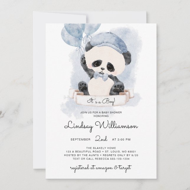 Panda Boy Baby Shower Einladung (Vorderseite)