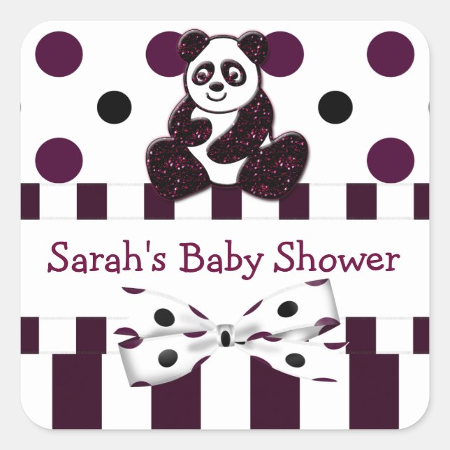 Panda Burgundy Glitzer Dots & Stripes Kinderdusche Quadratischer Aufkleber (Vorderseite)