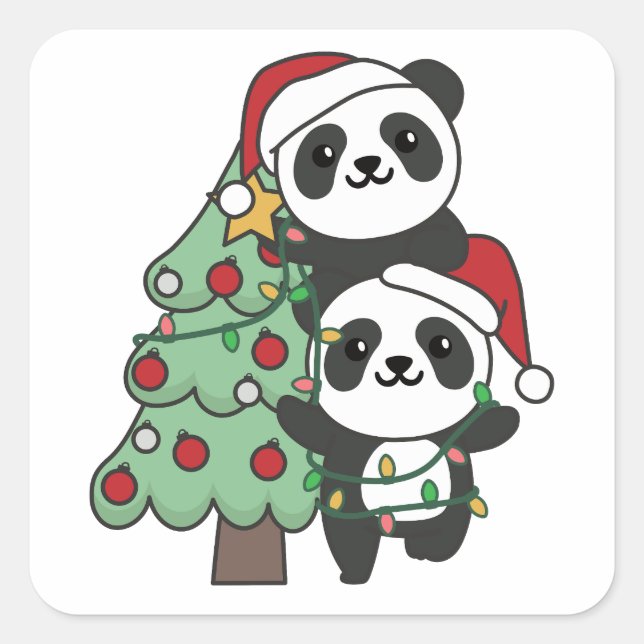 Panda Christmas Tree Weihnachtsanimals Pandas Quadratischer Aufkleber (Vorderseite)