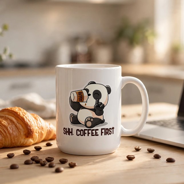 Panda Coffee First Aufkleber Kaffeetasse (Shh. Coffee First 🐼☕️
Don't talk to me before my coffee. Cute panda mug for coffee lovers.)