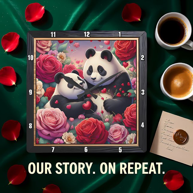 Panda Couple Rose Garden Quadratische Wanduhr (Von Creator hochgeladen)