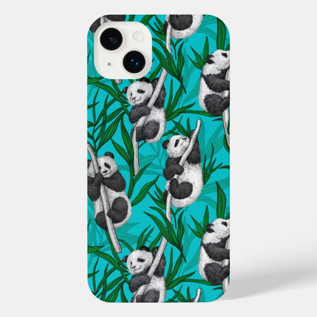 Panda Cubs auf Türkis iPhone 14 Plus Hülle (Rückseite)