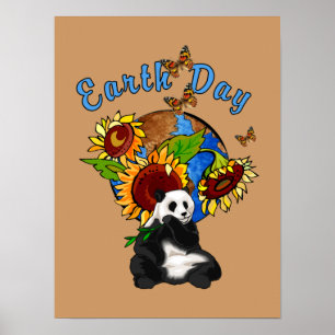 Panda de jour de la terre et affiche de tournesol