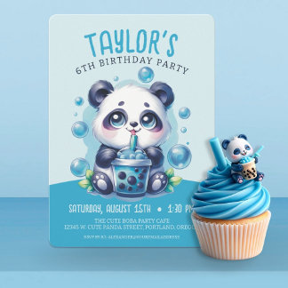 Panda Drinking Blue Boba Bubble Tea Geburtstagspar Einladung