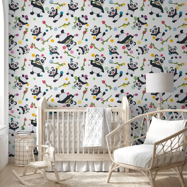 Panda farbenfroh polka dot white peal tapete (Kinder)