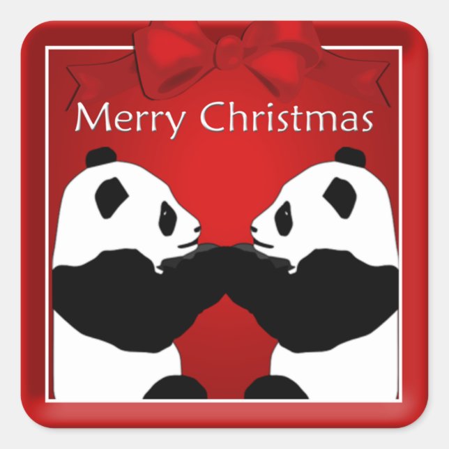 Panda Friends Couple Weihnachtsaufkleber Quadratischer Aufkleber (Vorderseite)