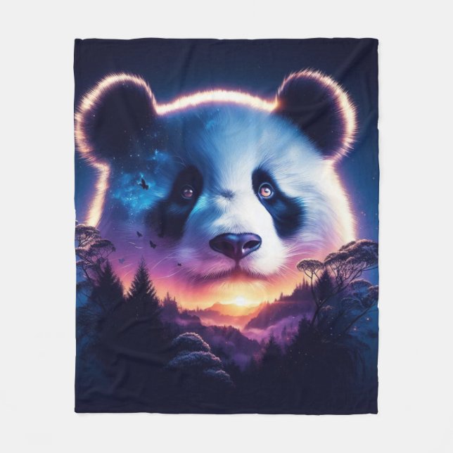 Panda Gesicht mit Surreal Forest und Sunset Fleecedecke (Vorderseite)