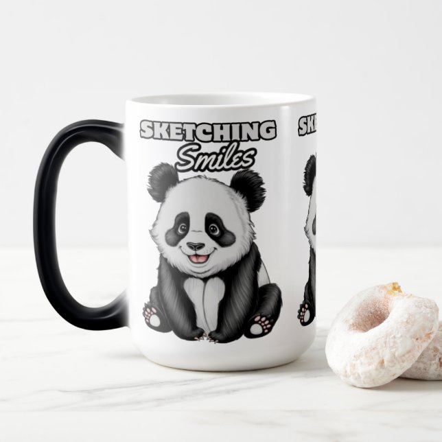 Panda im klassischen Schwarz-Weiß-Stil Verwandlungstasse (Mit Donut)
