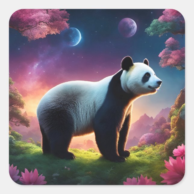 Panda in einem Fantasiegarten Quadratischer Aufkleber (Vorderseite)
