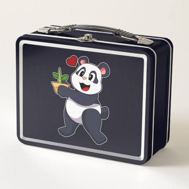 Panda mit Bamboo-Blume Metall Brotdose (Vorderseite)