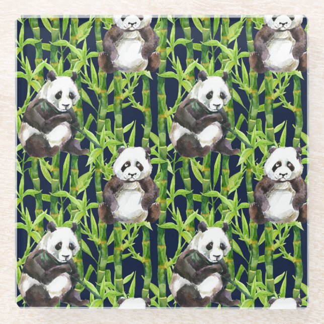 Panda mit BambusAquarell-Muster Glasuntersetzer (Vorderseite)