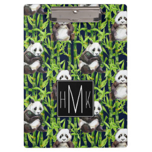 Panda mit Bambusmonogramm des Aquarell-Muster- Klemmbrett