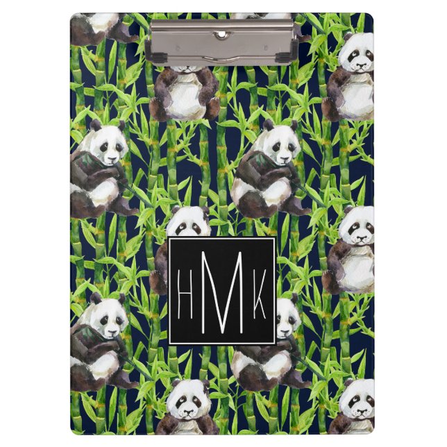 Panda mit Bambusmonogramm des Aquarell-Muster-| Klemmbrett (Vorderseite)