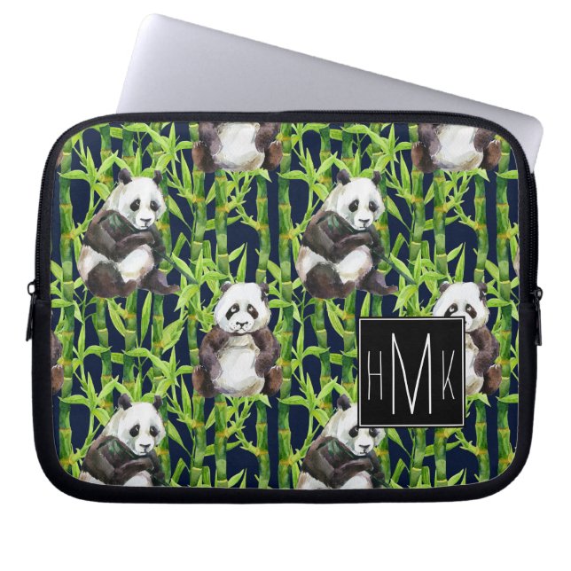 Panda mit Bambusmonogramm des Aquarell-Muster-| Laptopschutzhülle (Vorderseite)