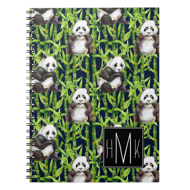 Panda mit Bambusmonogramm des Aquarell-Muster-| Notizblock (Vorderseite)