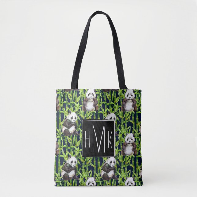 Panda mit Bambusmonogramm des Aquarell-Muster-| Tasche (Vorderseite)