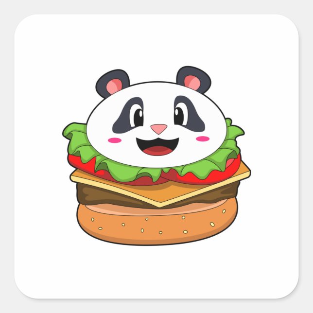 Panda mit Burger Quadratischer Aufkleber (Vorderseite)