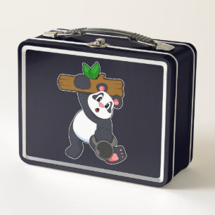 Panda mit Holz bei Krafttraining Metall Brotdose