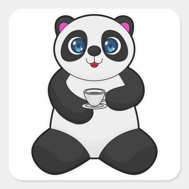 Panda mit Kaffee-Cup Quadratischer Aufkleber (Vorderseite)