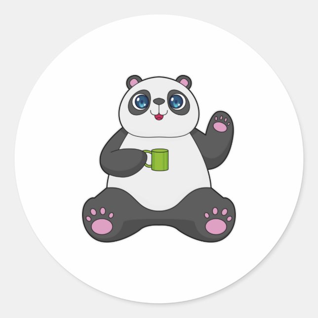 Panda mit Kaffee-Tasse Runder Aufkleber (Vorderseite)