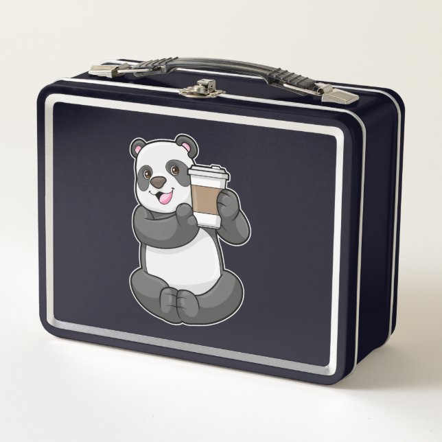 Panda mit Kaffee zum Mitnehmen Metall Brotdose (Vorderseite)