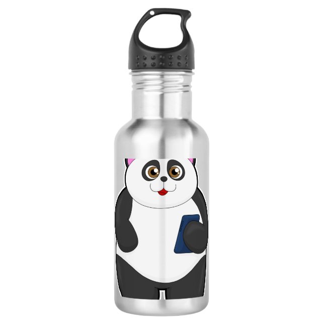 Panda mit Mobiltelefon Edelstahlflasche (Vorderseite)