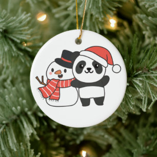 Panda mit Schneemann im Winter zu Weihnachten Kera Keramik Ornament
